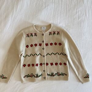 Ugly Christmas Holiday Cardigan Sweater Susan Bristol Vintage Wool cream cute